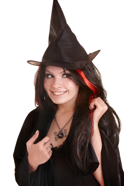 Čarodějnice dívka v černém klobouku. — Stock fotografie