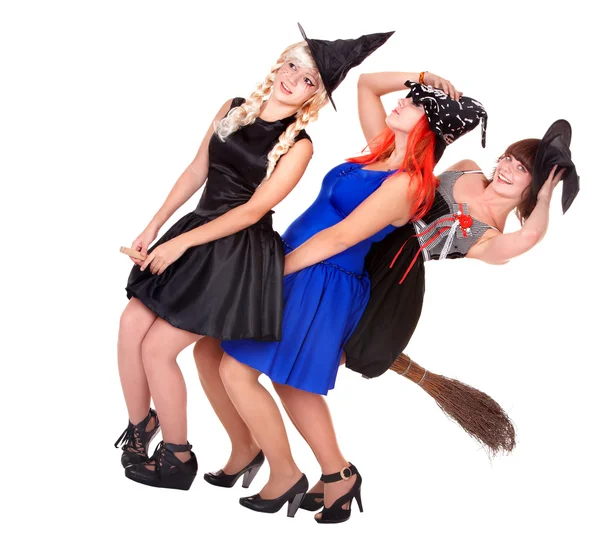 Young woman witch fly on broom. — Stock Photo, Image
