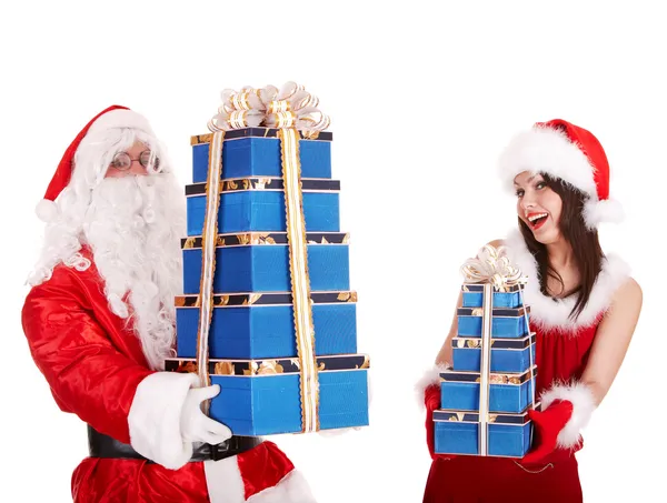 Kerstmis meisje, santa claus met blauwe geschenk vak groep. — Stockfoto