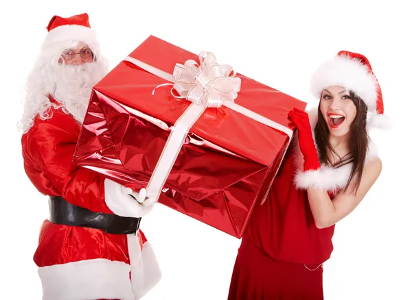 Weihnachtsmann und Weihnachtsmädchen mit großer Geschenkbox. — Stockfoto