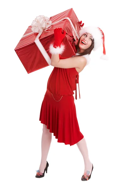 Рождественская девушка в шляпе Санты с большой подарочной коробкой . — стоковое фото