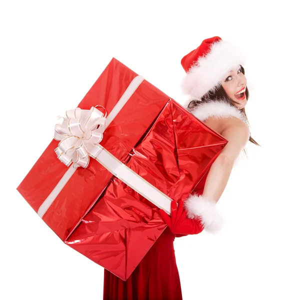 Kerstmis meisje in Kerstman hoed met grote geschenkverpakking. — Stockfoto