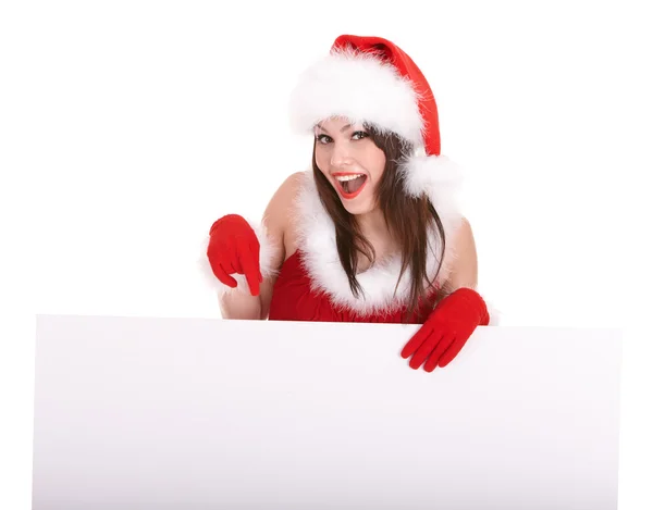 Christmas girl in santa hat with banner. — Stock Photo, Image