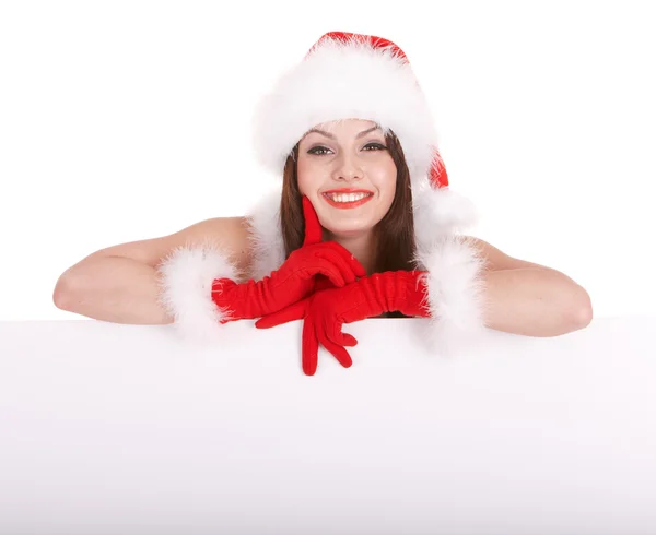 Christmas flicka i santa mössa med banner. — Stockfoto