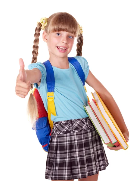 Estudante com mochila segurando livros e mostrando o polegar para cima . — Fotografia de Stock