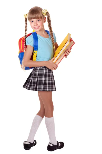 Школярка з рюкзаком тримає книги . — стокове фото