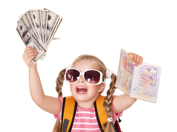 Bambino in possesso di passaporto internazionale e denaro . — Foto Stock