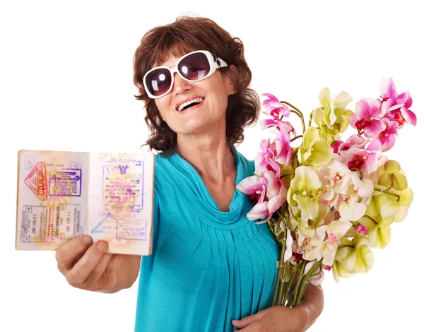 Senior woman holding bunch of flowers. — Stock Photo, Image