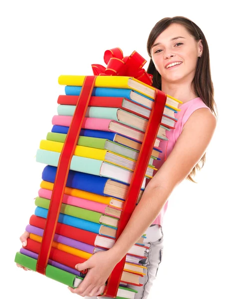 Chica sosteniendo pila de libro . — Foto de Stock