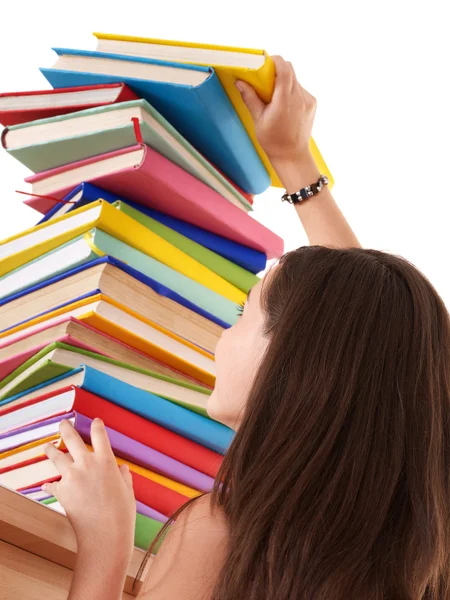 Mädchen mit Stapel farbiges Buch. — Stockfoto