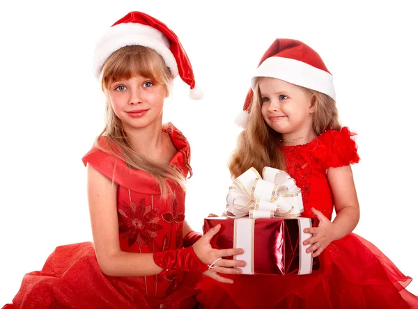 Group child in santa clause hat with red gift box. — Stock Photo, Image
