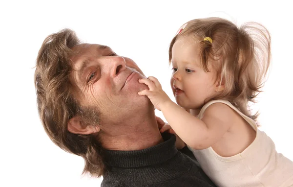 Happy grandfather holds a baby on hands — Stock Photo, Image