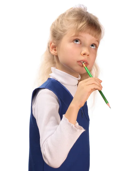 Schoolchild with pencil looking up. — Stock Photo, Image