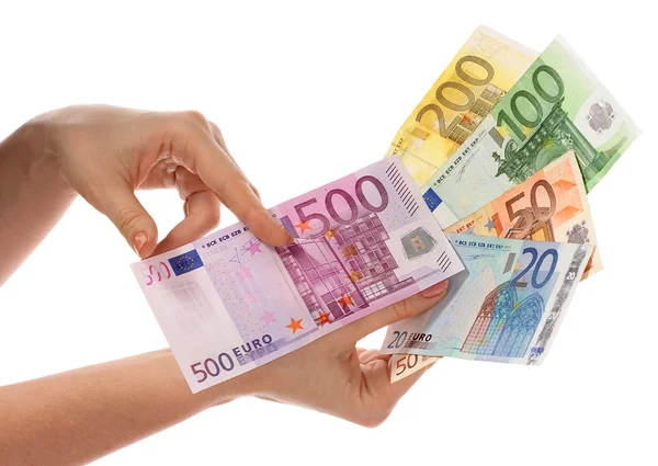 Peníze eura v ženských rukou. — Stock fotografie