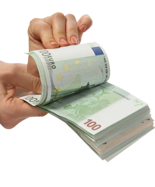 Dinheiro euro em mãos femininas . — Fotografia de Stock