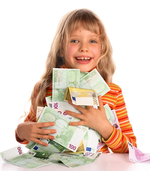 Bambino felice con mucchio di soldi in euro . — Foto Stock