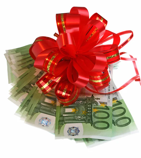 Money euro with red bow. — Stock Photo, Image