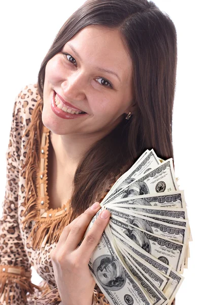 Молодая улыбающаяся женщина с долларовыми деньгами . — стоковое фото