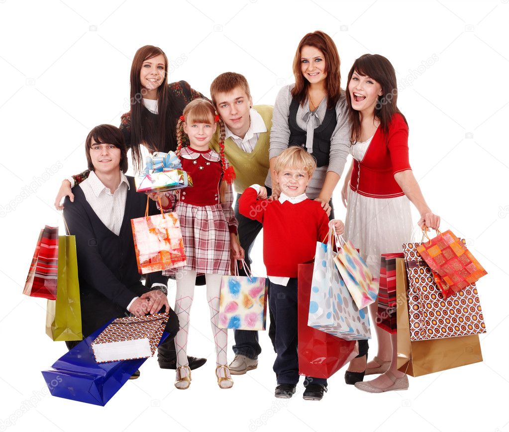 Happy family with children and shopping bag.