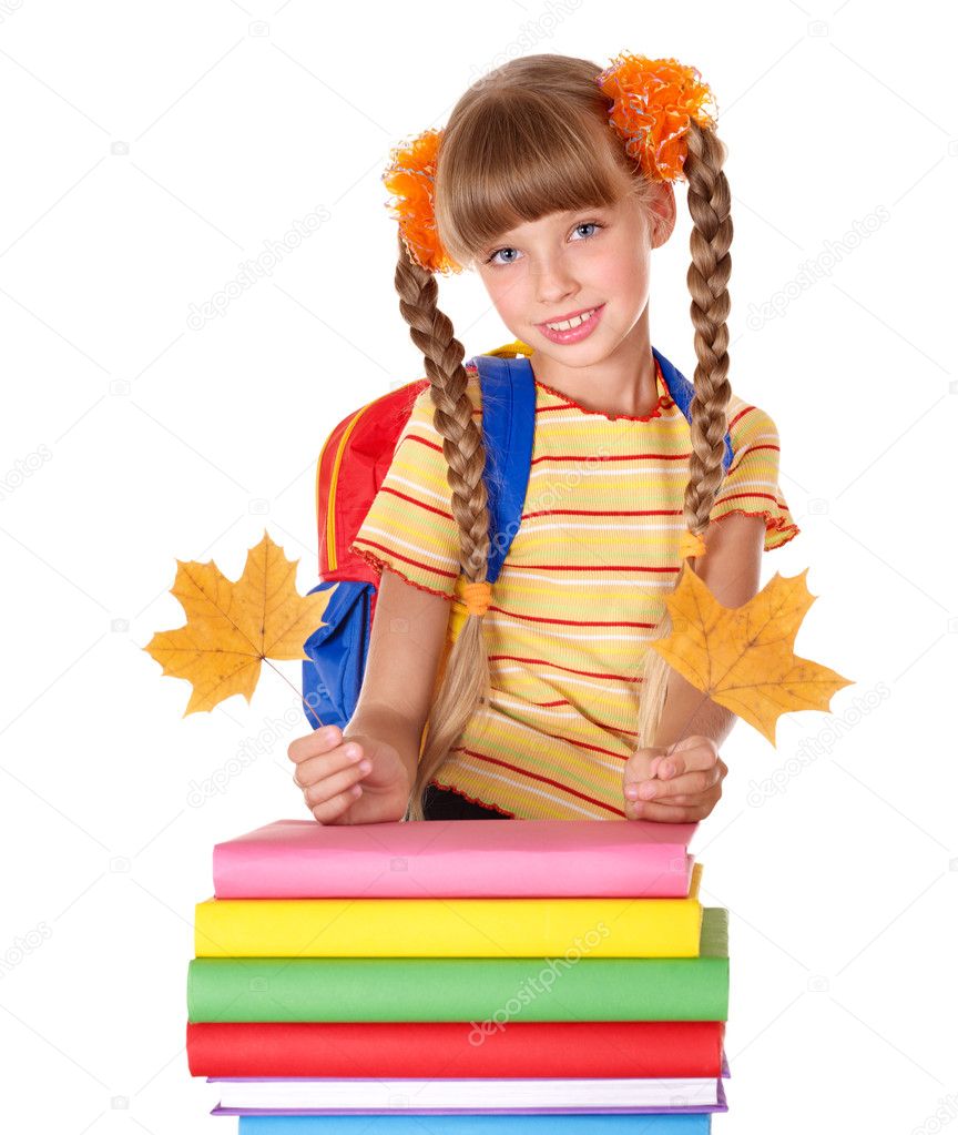 Girl holding pile of books.