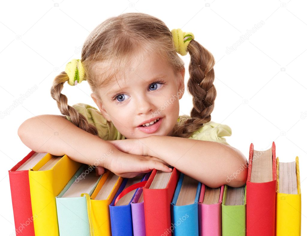 Child holding pile of books.