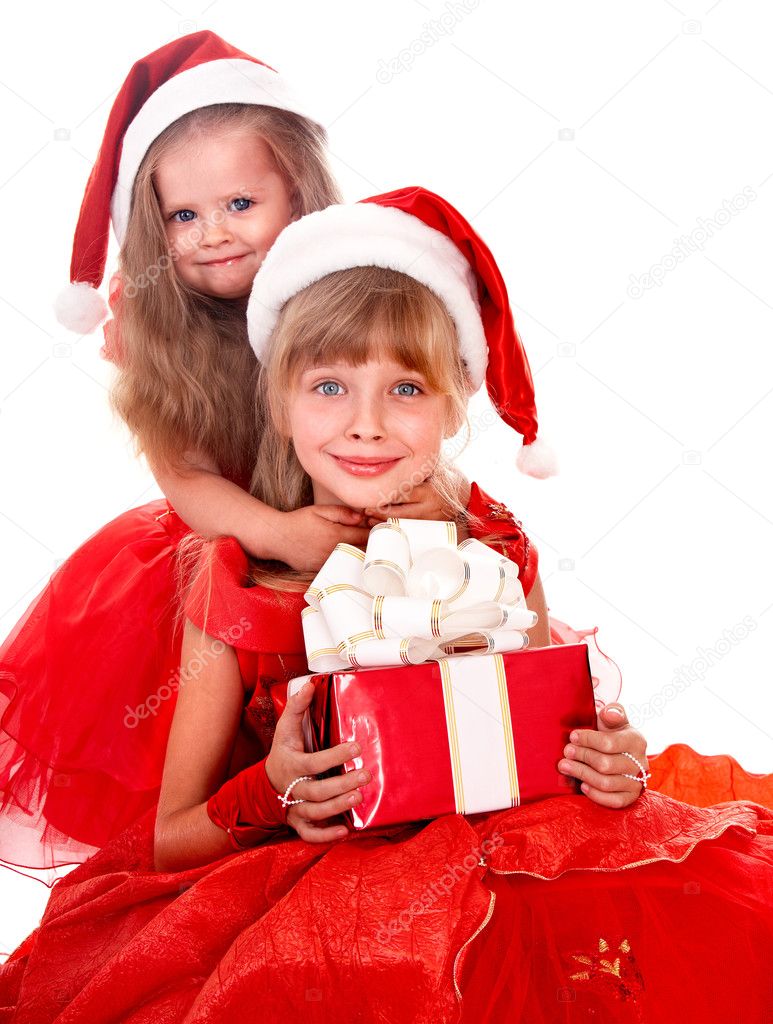 Group children in santa hat with red gift box.