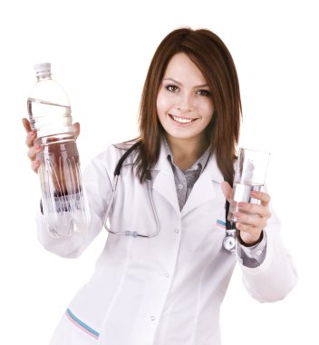 Doctor with glass of water and bottle. clipart