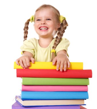 Child holding pile of books. clipart