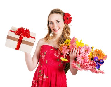 Young woman holding gift box and flowers. clipart