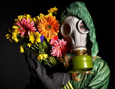 Young woman in gas mask . clipart