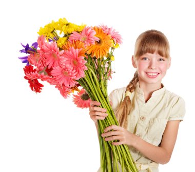 mutlu çocuk holding çiçekler.