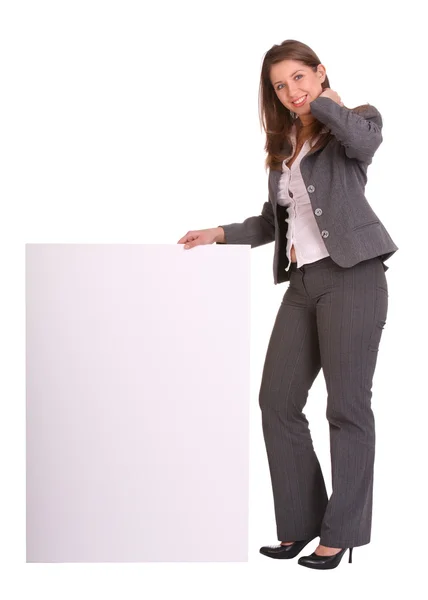 Business woman, holding empty banner. — Stock Photo, Image