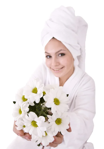 Lány fehér virág fürdőben. gyógyhely. — Stock Fotó