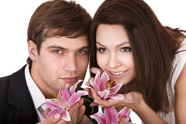 Dívka a muž s květinou. — Stock fotografie