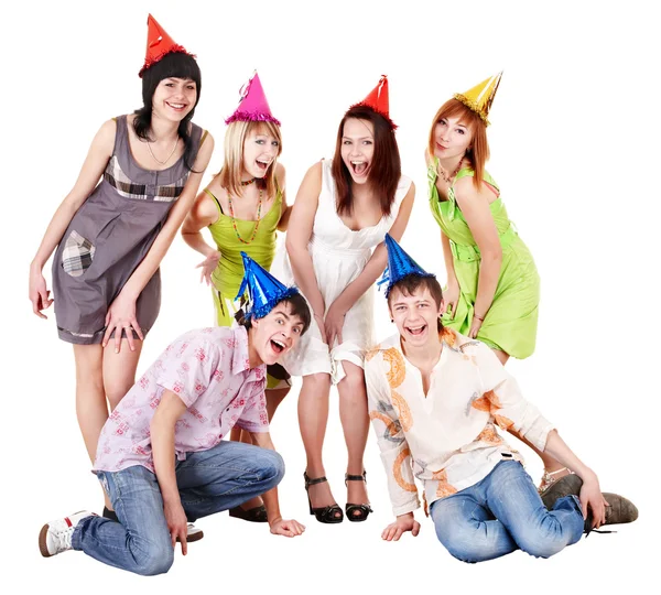 Grup parti şapkalı doğum günü kutlamak. — Stok fotoğraf