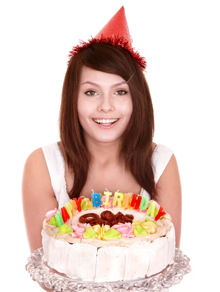 케이크를 들고 파티 모자에 소녀. — 스톡 사진