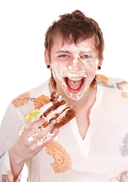 Hombre feliz con pastel en el cumpleaños . — Foto de Stock
