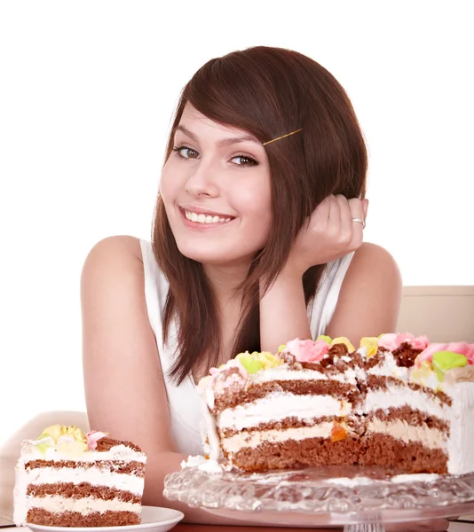 Девушка с шоколадным тортом . — стоковое фото