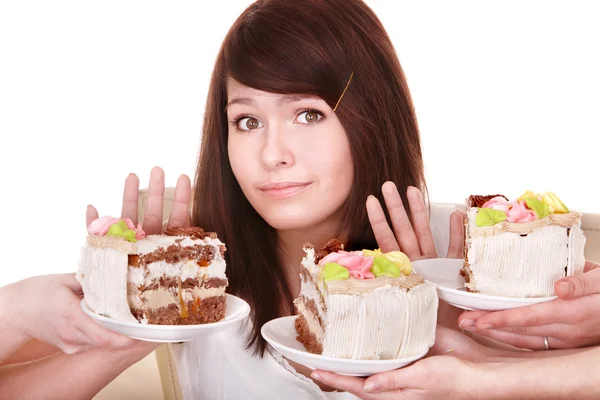 Meisje weigeren te eten taart. — Stockfoto