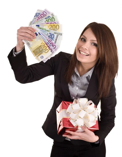 Mulher de negócios com dinheiro, presente, caixa . — Fotografia de Stock