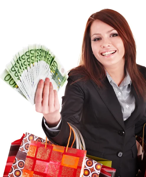 Mujer de negocios con dinero y bolsa de compras . — Foto de Stock
