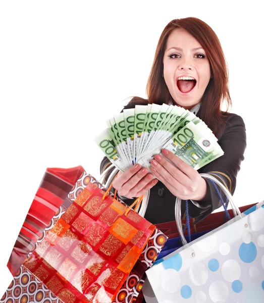 Biznes kobieta z pieniędzy i torba na zakupy. — Zdjęcie stockowe
