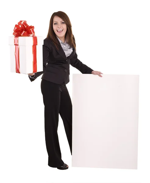 ギフト用の箱を持つ女性実業家をバナーします。 — ストック写真