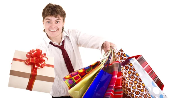 Glücklicher Mann mit Geschenkbox. Einkaufen. — Stockfoto