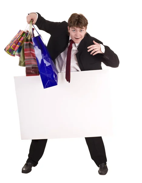 Empresário com saco de compras e banner . — Fotografia de Stock