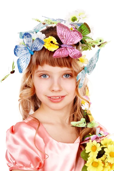Hermosa chica con mariposa y flor . — Foto de Stock