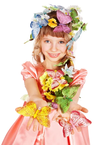 Mooi meisje met butterfly en flower. — Stockfoto