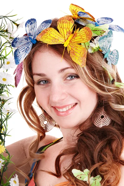 Girl with butterfly and flower on head. Spring hair. — Stock Photo, Image