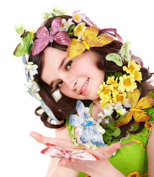 Lány pillangó és virág fejét. tavaszi haj. — Stock Fotó