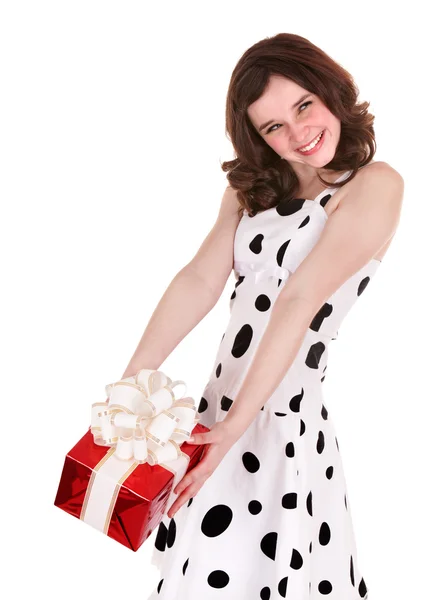 Girl take red gift box. — Stock Photo, Image